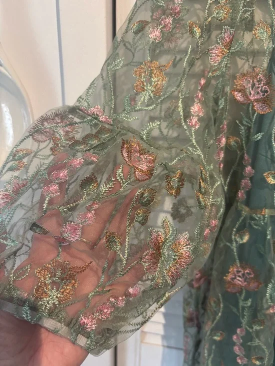 🧚 Suzanne Betro Teal Green Floral Embroidered Midi Dress fairy festival - Picture 3 of 10